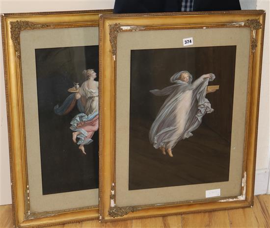 A pair of 19th century Neapolitan gouaches of classical goddesses, 46 x 34cm